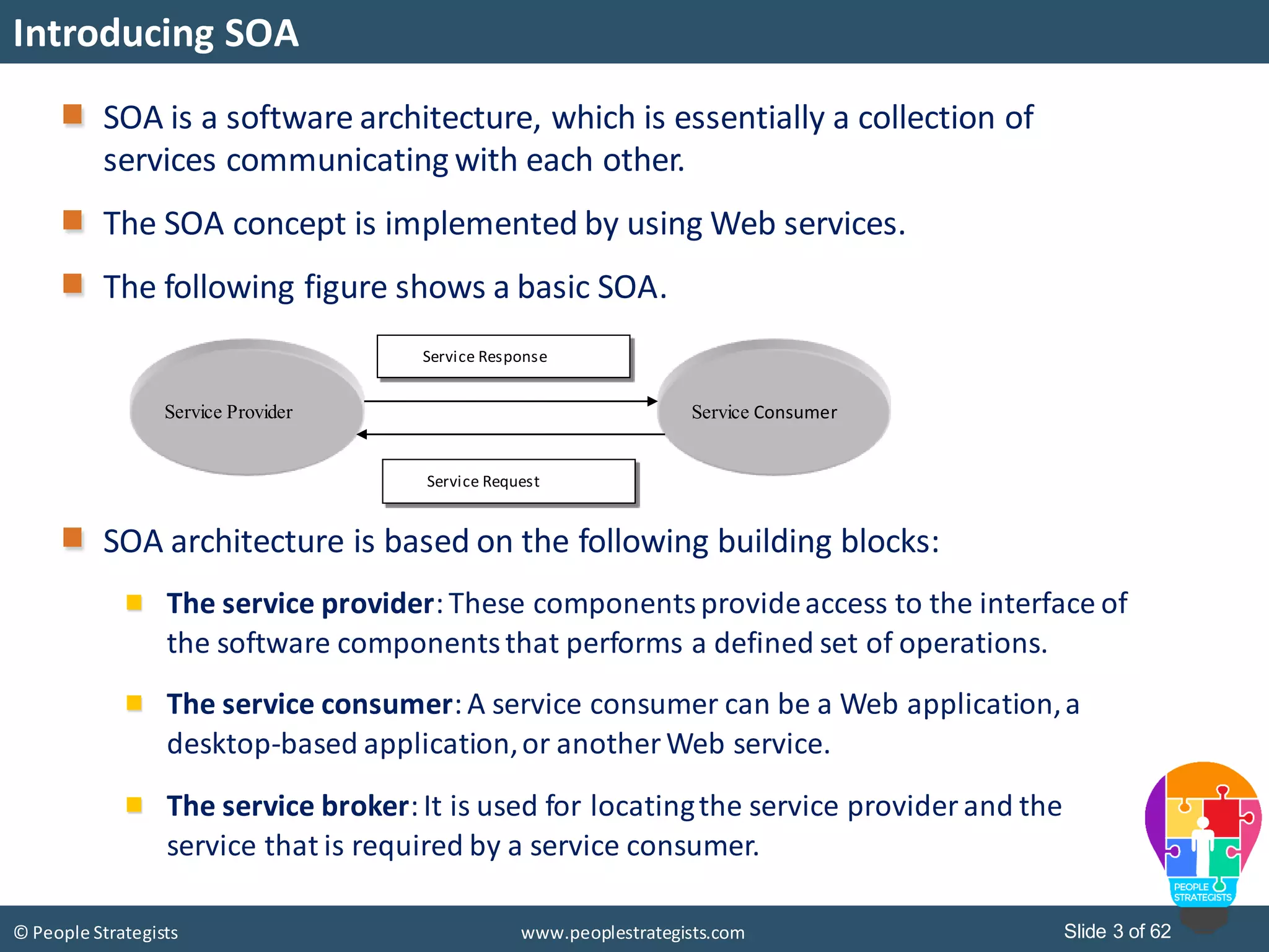 © People Strategists www.peoplestrategists.com Slide 3 of 62
SOA is a software architecture, which is essentially a collection of
services communicating with each other.
The SOA concept is implemented by using Web services.
The following figure shows a basic SOA.
SOA architecture is based on the following building blocks:
The service provider:These componentsprovideaccess to the interface of
the software componentsthat performs a defined set of operations.
The service consumer:A service consumer can be a Web application,a
desktop-based application,or another Web service.
The service broker:It is used for locatingthe service provider and the
service that is required by a service consumer.
Introducing SOA
Service Provider Service Consumer
Service Response
Service Request
 