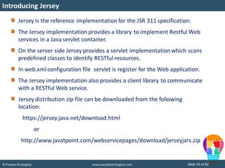 © People Strategists www.peoplestrategists.com Slide 53 of 62
Jersey is the reference implementation for the JSR 311 speci...