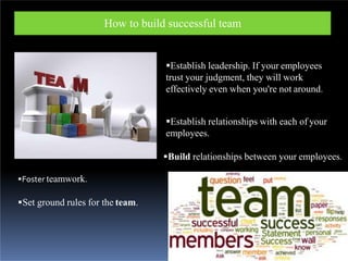 How to build successful team
Establish leadership. If your employees
trust your judgment, they will work
effectively even when you're not around.
Establish relationships with each of your
employees.
Build relationships between your employees.
Foster teamwork.
Set ground rules for the team.
 