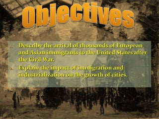 Describe the arrival of thousands of European and Asian immigrants to the United States after the Civil War. Explain the impact of immigration and industrialization on the growth of cities. 