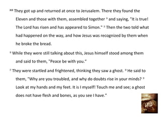 24:33
        They got up and returned at once to Jerusalem. There they found the
        Eleven and those with them, assembled together 34 and saying, "It is true!
        The Lord has risen and has appeared to Simon." 35 Then the two told what
        had happened on the way, and how Jesus was recognized by them when
        he broke the bread.
36
     While they were still talking about this, Jesus himself stood among them
        and said to them, "Peace be with you.“
37
     They were startled and frightened, thinking they saw a ghost. 38 He said to
        them, "Why are you troubled, and why do doubts rise in your minds? 39
        Look at my hands and my feet. It is I myself! Touch me and see; a ghost
        does not have flesh and bones, as you see I have.”
 