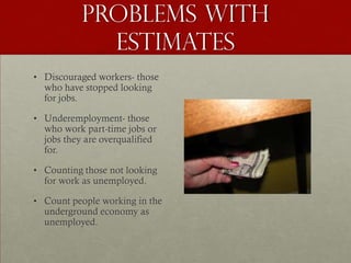 Problems with
             estimates
• Discouraged workers- those
  who have stopped looking
  for jobs.

• Underemployment- those
  who work part-time jobs or
  jobs they are overqualified
  for.

• Counting those not looking
  for work as unemployed.

• Count people working in the
  underground economy as
  unemployed.
 