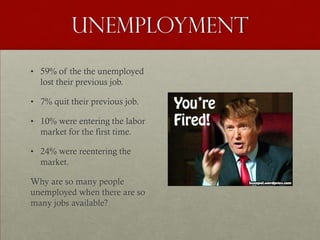Unemployment
• 59% of the the unemployed
  lost their previous job.

• 7% quit their previous job.

• 10% were entering the labor
  market for the first time.

• 24% were reentering the
  market.

Why are so many people
unemployed when there are so
many jobs available?
 