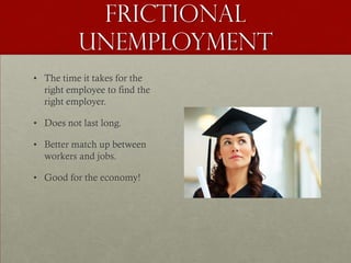 Frictional
          Unemployment
• The time it takes for the
  right employee to find the
  right employer.

• Does not last long.

• Better match up between
  workers and jobs.

• Good for the economy!
 