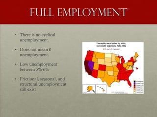 Full employment
• There is no cyclical
  unemployment.

• Does not mean 0
  unemployment.

• Low unemployment
  between 5%-6%

• Frictional, seasonal, and
  structural unemployment
  still exist
 