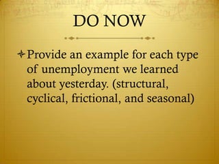 DO NOW
Provide an example for each type
 of unemployment we learned
 about yesterday. (structural,
 cyclical, frictional, and seasonal)
 