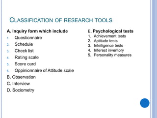 CLASSIFICATION OF RESEARCH TOOLS
A. Inquiry form which include
1. Questionnaire
2. Schedule
3. Check list
4. Rating scale
5. Score card
6. Oppinionnaire of Attitude scale
B. Observation
C. Interview
D. Sociometry
E. Psychological tests
1. Achievement tests
2. Aptitude tests
3. Intelligence tests
4. Interest inventory
5. Personality measures
 