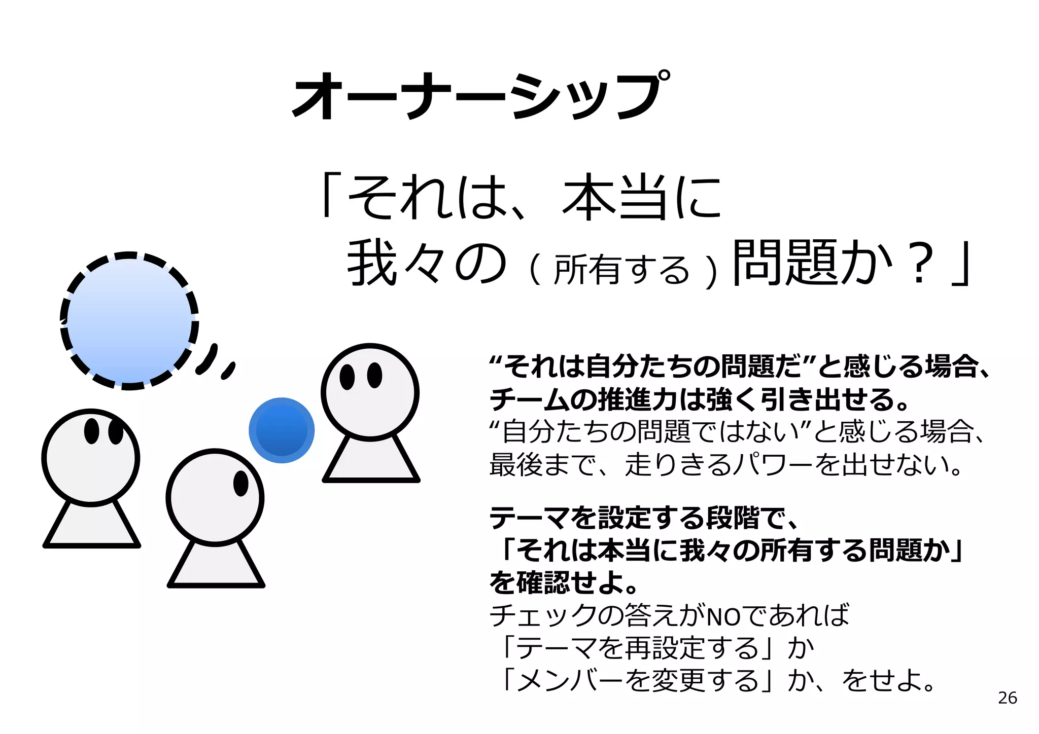 オーナーシップ
「それは、本当に
我々の（ 所有する ) 問題か？」
“それは⾃分たちの問題だ”と感じる場合、
チームの推進⼒は強く引き出せる。
“⾃分たちの問題ではない”と感じる場合、
最後まで、⾛りきるパワーを出せない。
テーマを設定する段階で、
「それは本当に我々の所有する問題か」
を確認せよ。
チェックの答えがNOであれば
「テーマを再設定する」か
「メンバーを変更する」か、をせよ。 26
 