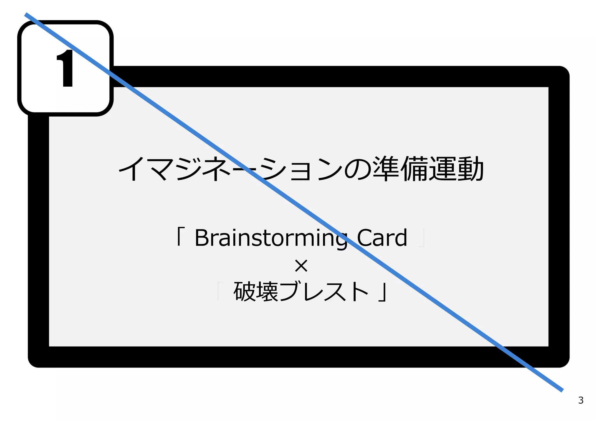 イマジネーションの準備運動
「 Brainstorming Card 」
×
「 破壊ブレスト 」
1
3
 