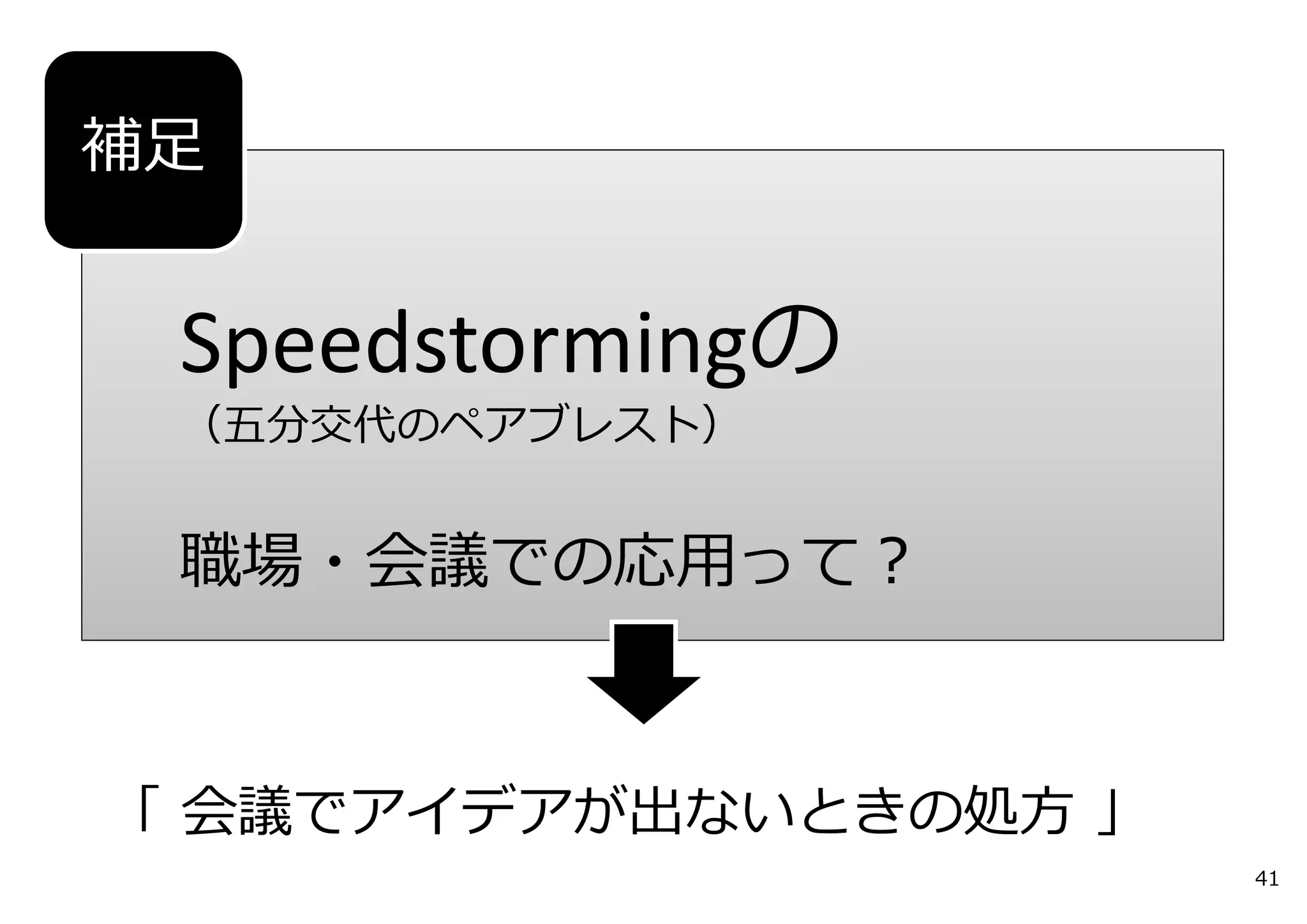 Speedstormingの
（五分交代のペアブレスト）
職場・会議での応⽤って？
補⾜
「 会議でアイデアが出ないときの処⽅ 」
41
 