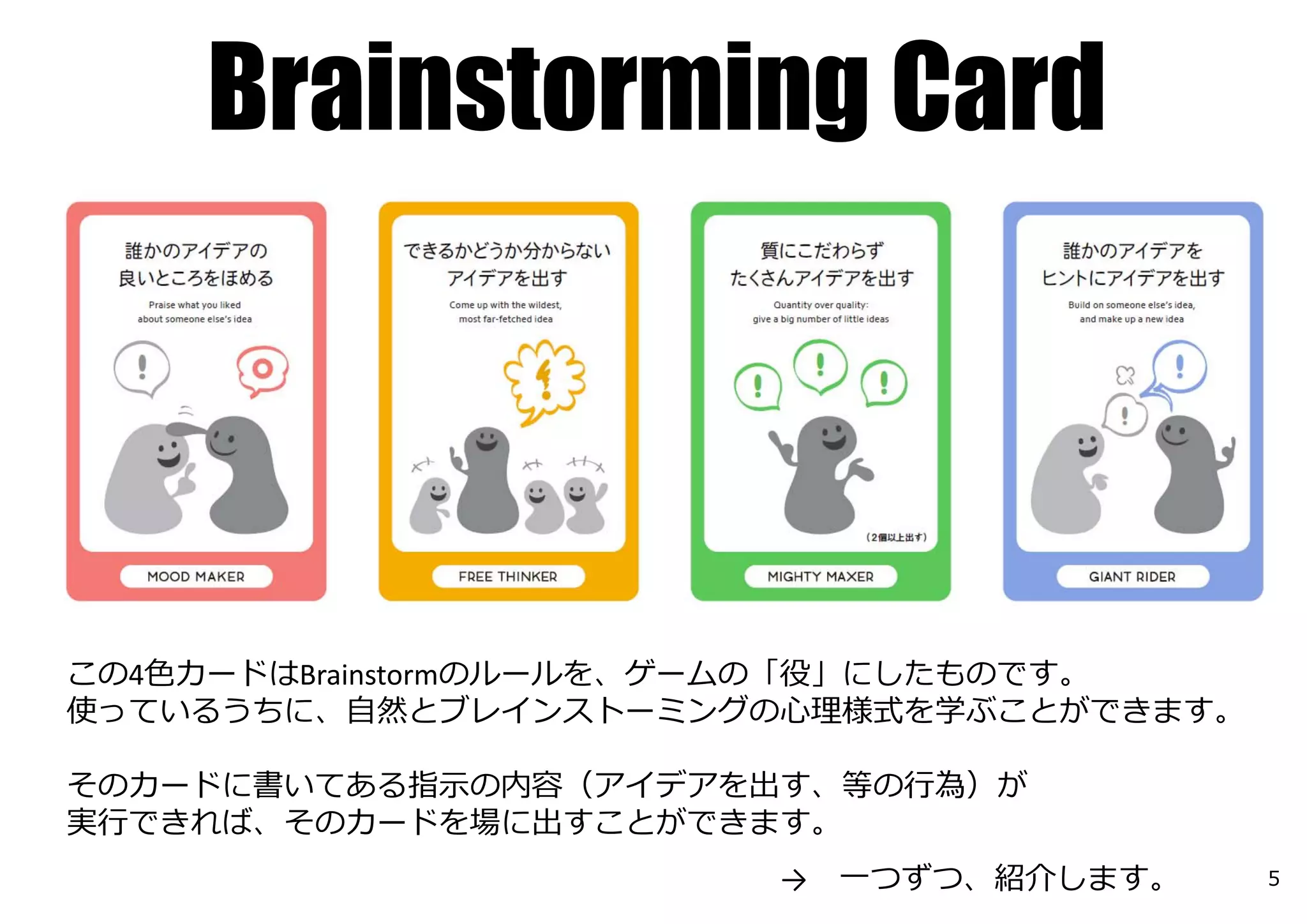 Brainstorming Card
この4⾊カードはBrainstormのルールを、ゲームの「役」にしたものです。
使っているうちに、⾃然とブレインストーミングの⼼理様式を学ぶことができます。
そのカードに書いてある指⽰の内容（アイデアを出す、等の⾏為）が
実⾏できれば、そのカードを場に出すことができます。
→ ⼀つずつ、紹介します。 5
 