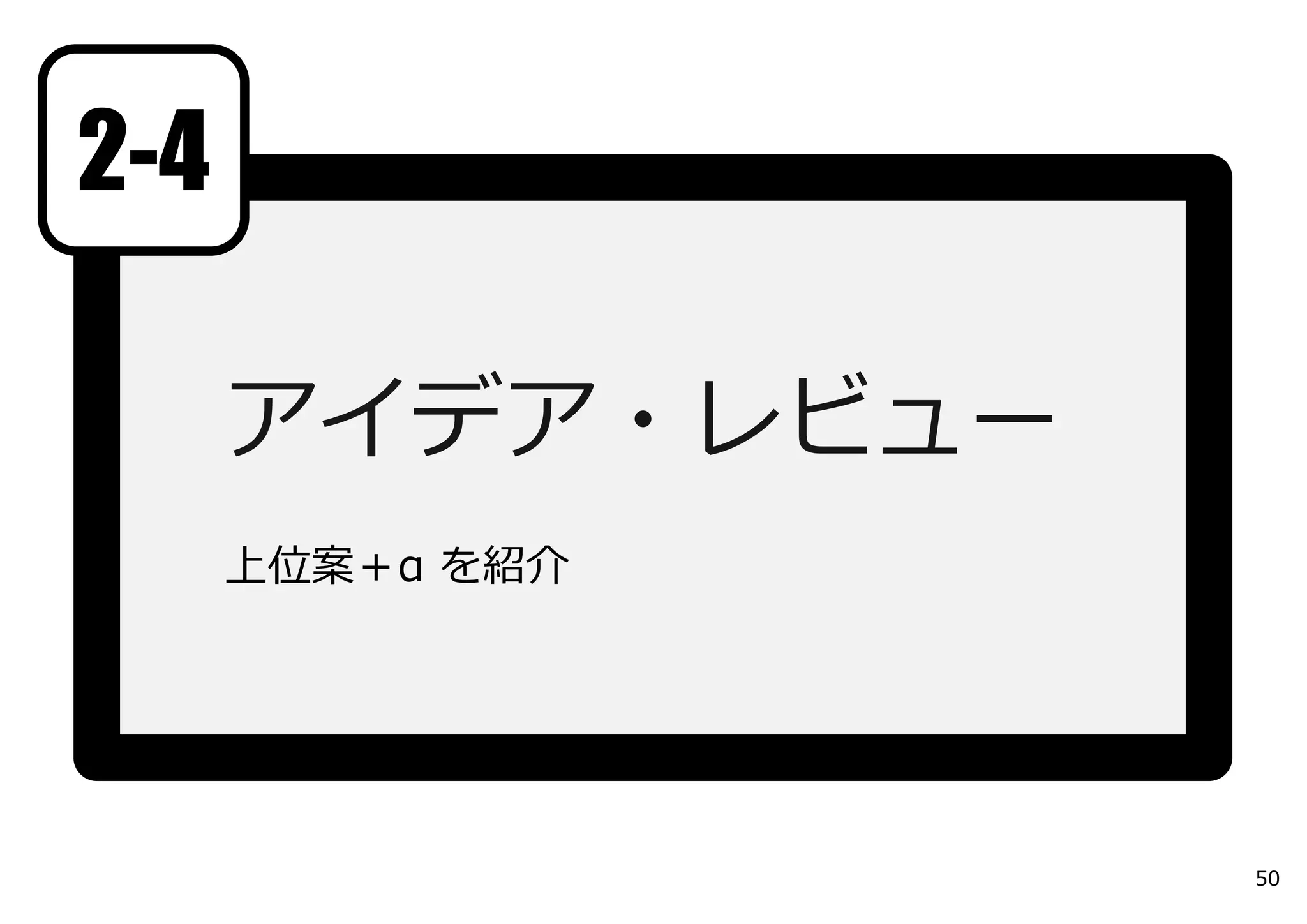 アイデア・レビュー
上位案＋α を紹介
2-4
50
 