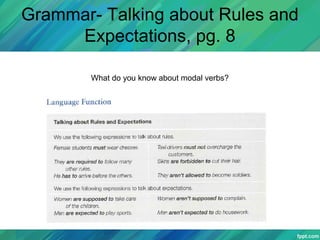 Grammar- Talking about Rules and
Expectations, pg. 8
What do you know about modal verbs?
 