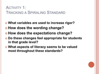 ACTIVITY 1:
TRACKING A SPIRALING STANDARD
 What variables are used to increase rigor?
 How does the wording change?
 How does the expectations change?
 Do these changes feel appropriate for students
in that grade level?
 What aspects of literacy seems to be valued
most throughout these standards?
 