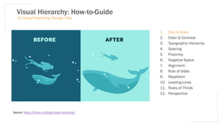 Visual Hierarchy: How-to-Guide
12 Visual Hierarchy Design Tips
1. Size & Scale
2. Color & Contrast
3. Typographic Hierarchy
4. Spacing
5. Proximity
6. Negative Space
7. Alignment
8. Rule of Odds
9. Repetition
10. Leading Lines
11. Rules of Thirds
12. Perspective
Source: https://visme.co/blog/visual-hierarchy/
 
