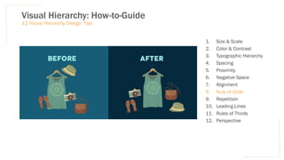 Visual Hierarchy: How-to-Guide
12 Visual Hierarchy Design Tips
1. Size & Scale
2. Color & Contrast
3. Typographic Hierarchy
4. Spacing
5. Proximity
6. Negative Space
7. Alignment
8. Rule of Odds
9. Repetition
10. Leading Lines
11. Rules of Thirds
12. Perspective
 