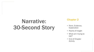 Narrative:
30-Second Story
• Point, Evidence,
Explanation
• Pearls of Insight
• What am I trying to
say?
• End of Chapter
Activity
Chapter 2
 