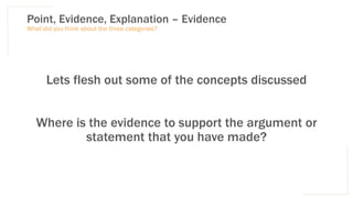 Point, Evidence, Explanation – Evidence
What did you think about the three categories?
Lets flesh out some of the concepts discussed
Where is the evidence to support the argument or
statement that you have made?
 