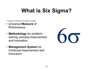 What is Six Sigma?
• Universal Measure of
Performance
• Methodology for problem-
solving, process improvement
and innovation
• Management System for
Continual Improvement and
Innovation
10
According to Motorola's Six Sigma University
 
