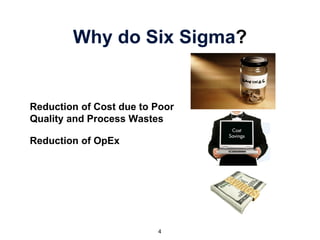 Why do Six Sigma?
Reduction of Cost due to Poor
Quality and Process Wastes
Reduction of OpEx
4
 