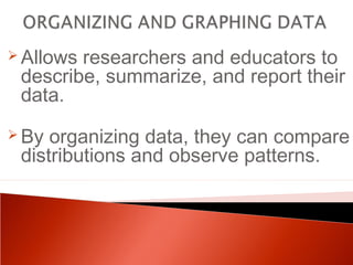 Allows researchers and educators to 
describe, summarize, and report their 
data. 
By organizing data, they can compare 
distributions and observe patterns. 
 