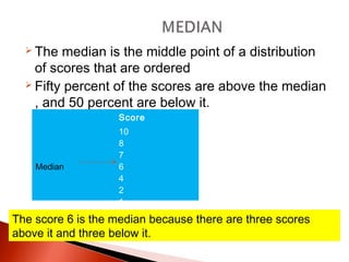  The median is the middle point of a distribution 
of scores that are ordered 
 Fifty percent of the scores are above the median 
, and 50 percent are below it. 
Score 
Median 
10 
876421 
The score 6 is the median because there are three scores 
above it and three below it. 
 