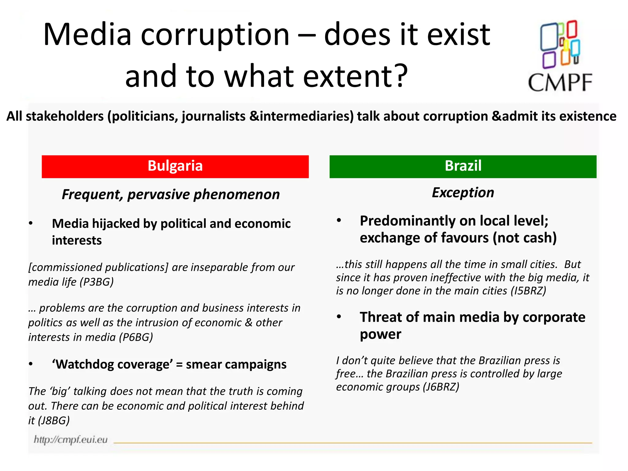Media corruption – does it exist
and to what extent?
Frequent, pervasive phenomenon
• Media hijacked by political and economic
interests
[commissioned publications] are inseparable from our
media life (P3BG)
… problems are the corruption and business interests in
politics as well as the intrusion of economic & other
interests in media (P6BG)
• ‘Watchdog coverage’ = smear campaigns
The ‘big’ talking does not mean that the truth is coming
out. There can be economic and political interest behind
it (J8BG)
Exception
• Predominantly on local level;
exchange of favours (not cash)
…this still happens all the time in small cities. But
since it has proven ineffective with the big media, it
is no longer done in the main cities (I5BRZ)
• Threat of main media by corporate
power
I don’t quite believe that the Brazilian press is
free… the Brazilian press is controlled by large
economic groups (J6BRZ)
Bulgaria Brazil
All stakeholders (politicians, journalists &intermediaries) talk about corruption &admit its existence
 
