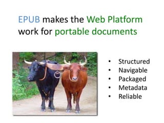 EPUB makes the Web Platform 
work for portable documents 
• Structured 
• Navigable 
• Packaged 
• Metadata 
• Reliable 
 