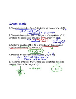 Mental Math
1. The x-intercept of y=f(x) is 5. State the x-intercept of y = f( x )
2
2. The coordinates of a point on the graph of y = g(x) are (-3, 5)
What are the coordinates of a point on the graph y = g(-x)?

3. Write the equation of f(x) if it is shifted down 4 spaces and
compressed vertically by a factor of 2.

4. Describe the transformation in words: y = -f(x - 4)

5. The range of h(x) is -4<y<1. If the graph is shifted 3 units to
the right. What is the range of h(x)?

 