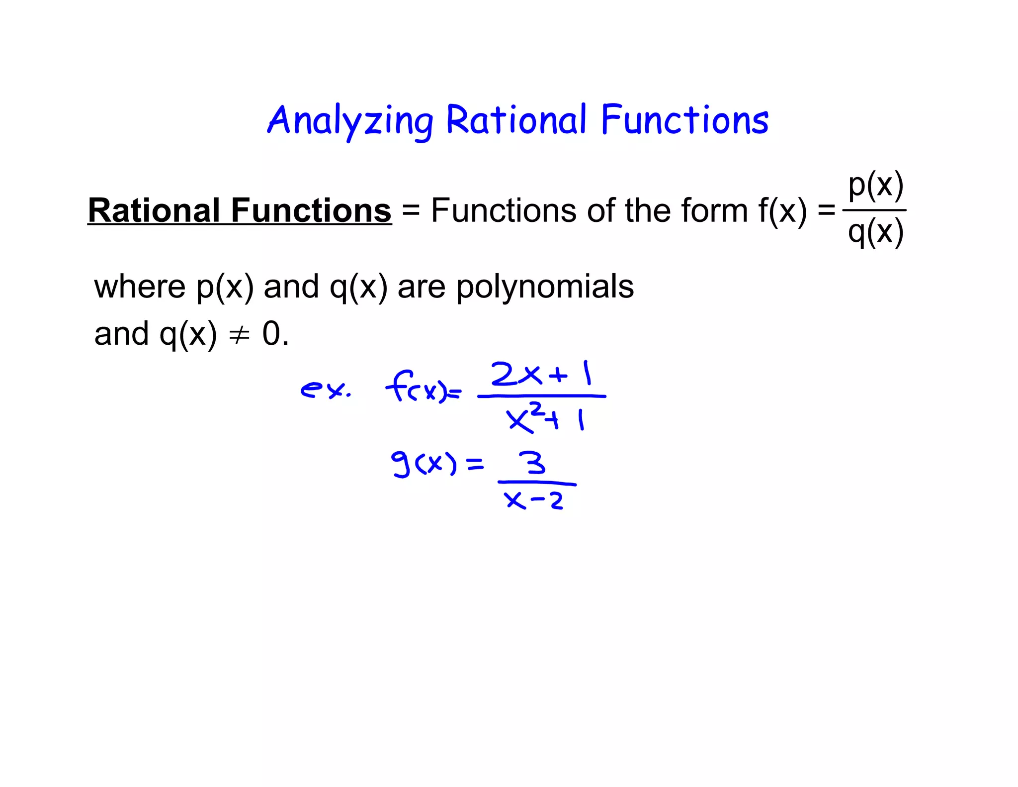Analyzing Rational Functions
Rational Functions = Functions of the form f(x) =
where p(x) and q(x) are polynomials
0.
