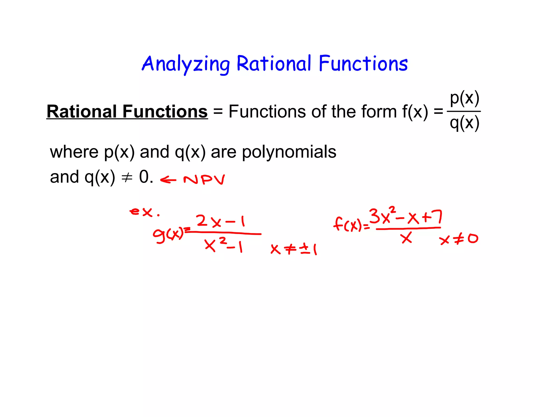 Analyzing Rational Functions
Rational Functions = Functions of the form f(x) =
where p(x) and q(x) are polynomials
0.