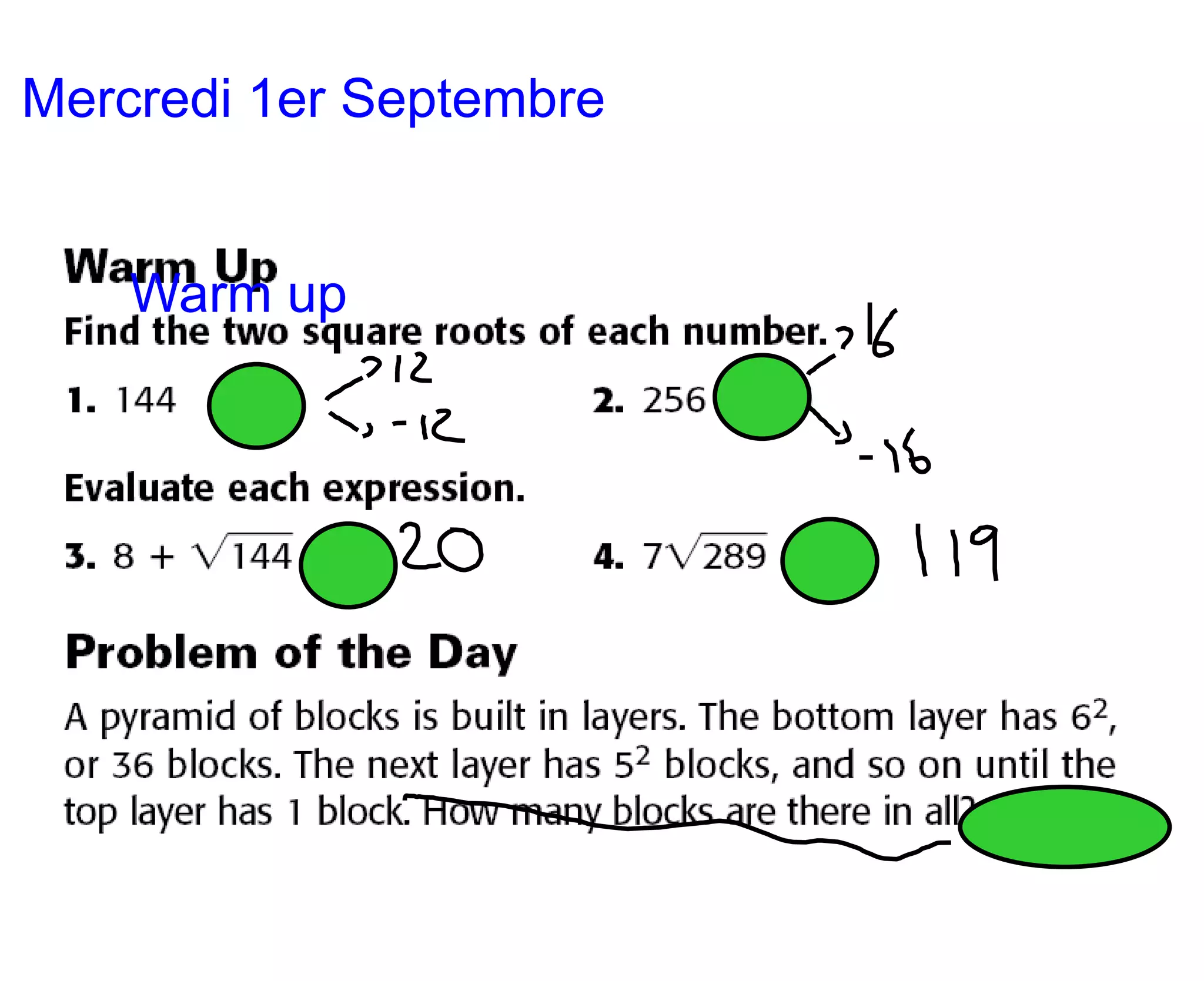 Mercredi 1er Septembre						Warm up