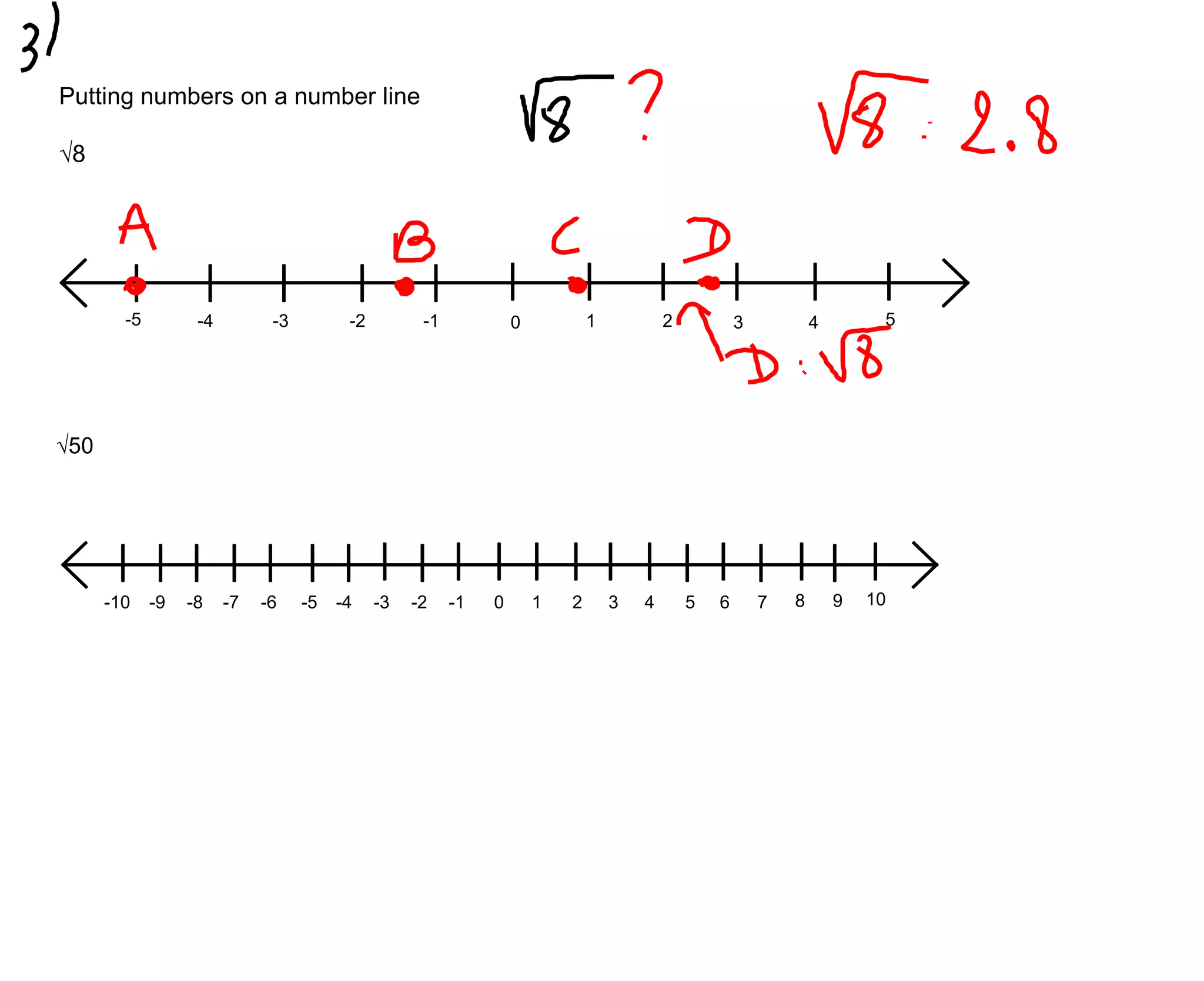 Putting numbers on a number line√8-55-1-2-3-412034√50108910234567-1-2-3-4-5-6-7-8-9-10