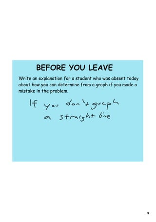BEFORE YOU LEAVE
Write an explanation for a student who was absent today
about how you can determine from a graph if you made a
mistake in the problem.




                                                          9
 