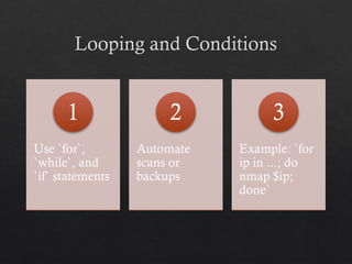 Looping and Conditions
Use `for`,
`while`, and
`if` statements
1
Automate
scans or
backups
2
Example: `for
ip in ...; do
nmap $ip;
done`
3
 