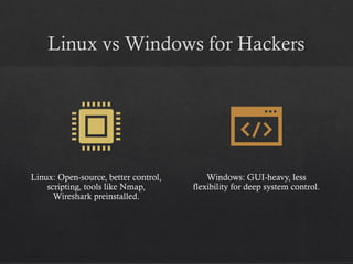 Linux vs Windows for Hackers
Linux: Open-source, better control,
scripting, tools like Nmap,
Wireshark preinstalled.
Windows: GUI-heavy, less
flexibility for deep system control.
 