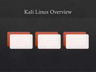 Kali Linux Overview
Kali is a Debian-
based Linux distro
built for penetration
testing.
Includes pre-
installed tools:
Nmap, Metasploit,
Wireshark, Burp
Suite.
Used by ethical
hackers globally.
 