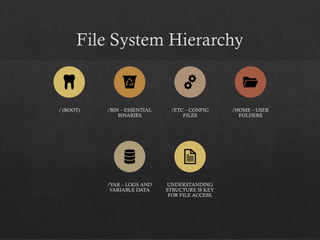 File System Hierarchy
/ (ROOT) /BIN – ESSENTIAL
BINARIES
/ETC – CONFIG
FILES
/HOME – USER
FOLDERS
/VAR – LOGS AND
VARIABLE DATA
UNDERSTANDING
STRUCTURE IS KEY
FOR FILE ACCESS.
 