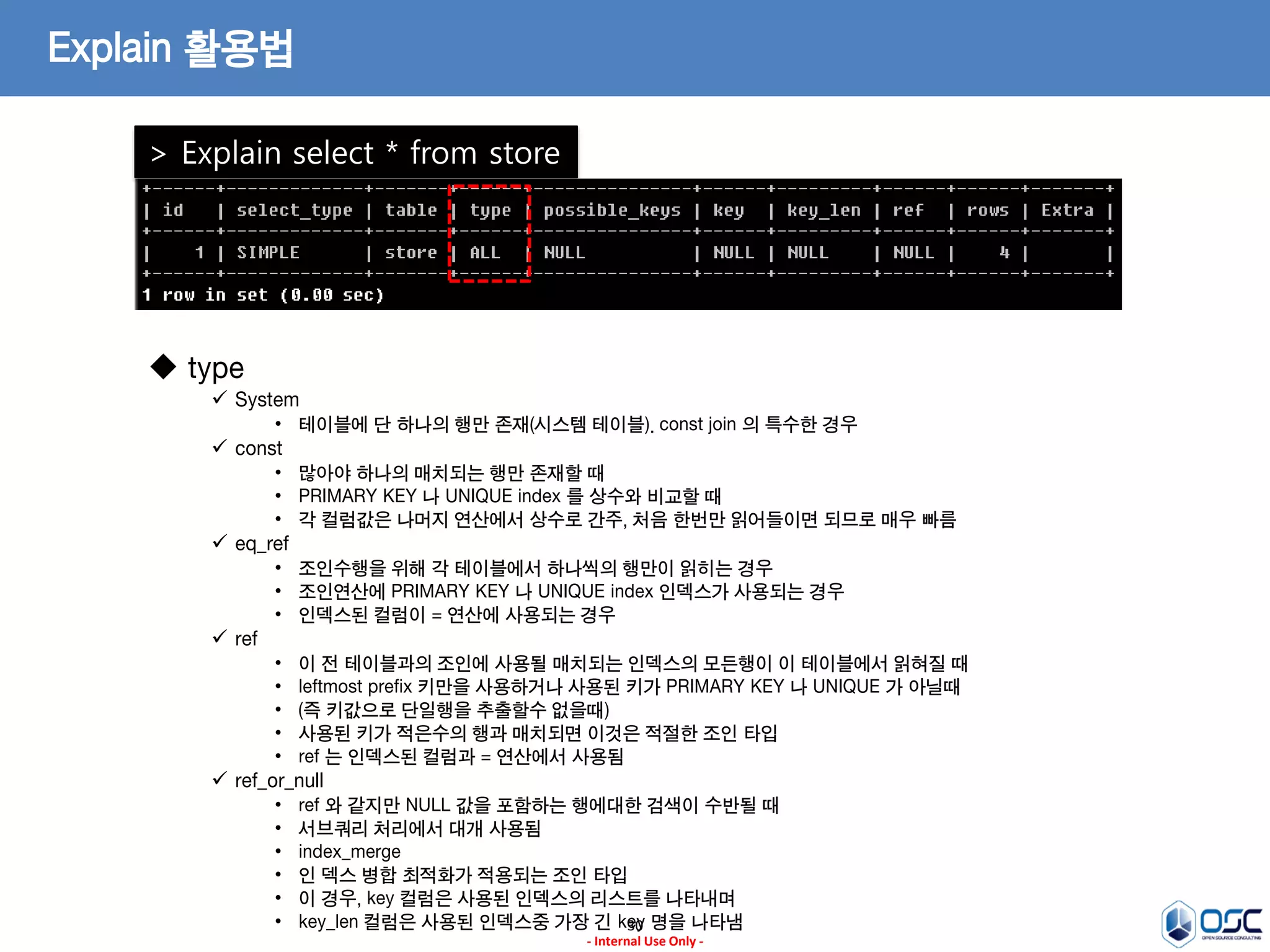 30 
- Internal Use Only - 
Explain 활용법 
> Explain select * from store 
 type 
System 
•테이블에 단 하나의 행만 존재(시스템 테이블). const join 의 특수한 경우 
const 
•많아야 하나의 매치되는 행만 존재할 때 
•PRIMARY KEY 나 UNIQUE index 를 상수와 비교할 때 
•각 컬럼값은 나머지 연산에서 상수로 간주, 처음 한번만 읽어들이면 되므로 매우 빠름 
eq_ref 
•조인수행을 위해 각 테이블에서 하나씩의 행만이 읽히는 경우 
•조인연산에 PRIMARY KEY 나 UNIQUE index 인덱스가 사용되는 경우 
•인덱스된 컬럼이 = 연산에 사용되는 경우 
ref 
•이 전 테이블과의 조인에 사용될 매치되는 인덱스의 모든행이 이 테이블에서 읽혀질 때 
•leftmost prefix 키만을 사용하거나 사용된 키가 PRIMARY KEY 나 UNIQUE 가 아닐때 
•(즉 키값으로 단일행을 추출할수 없을때) 
•사용된 키가 적은수의 행과 매치되면 이것은 적절한 조인 타입 
•ref 는 인덱스된 컬럼과 = 연산에서 사용됨 
ref_or_null 
•ref 와 같지만 NULL 값을 포함하는 행에대한 검색이 수반될 때 
•서브쿼리 처리에서 대개 사용됨 
•index_merge 
•인 덱스 병합 최적화가 적용되는 조인 타입 
•이 경우, key 컬럼은 사용된 인덱스의 리스트를 나타내며 
•key_len 컬럼은 사용된 인덱스중 가장 긴 key 명을 나타냄  