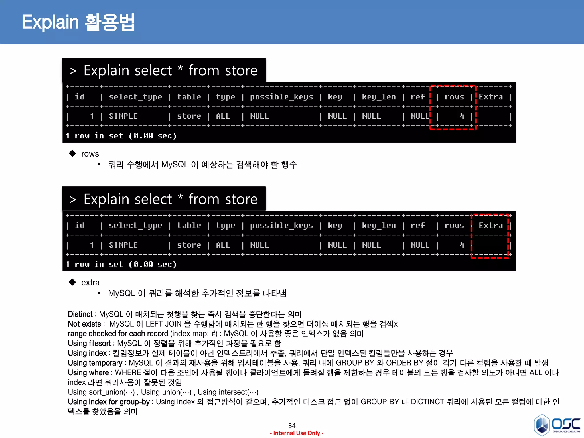 34 
- Internal Use Only - 
Explain 활용법 
> Explain select * from store 
 rows 
•쿼리 수행에서 MySQL 이 예상하는 검색해야 할 행수 
> Explain select * from store 
 extra 
•MySQL 이 쿼리를 해석한 추가적인 정보를 나타냄 Distinct : MySQL 이 매치되는 첫행을 찾는 즉시 검색을 중단한다는 의미 Not exists : MySQL 이 LEFT JOIN 을 수행함에 매치되는 한 행을 찾으면 더이상 매치되는 행을 검색x range checked for each record (index map: #) : MySQL 이 사용할 좋은 인덱스가 없음 의미 Using filesort : MySQL 이 정렬을 위해 추가적인 과정을 필요로 함 Using index : 컬럼정보가 실제 테이블이 아닌 인덱스트리에서 추출, 쿼리에서 단일 인덱스된 컬럼들만을 사용하는 경우 Using temporary : MySQL 이 결과의 재사용을 위해 임시테이블을 사용, 쿼리 내에 GROUP BY 와 ORDER BY 절이 각기 다른 컬럼을 사용할 때 발생 Using where : WHERE 절이 다음 조인에 사용될 행이나 클라이언트에게 돌려질 행을 제한하는 경우 테이블의 모든 행을 검사할 의도가 아니면 ALL 이나 index 라면 쿼리사용이 잘못된 것임 Using sort_union(…) , Using union(…) , Using intersect(…) Using index for group-by : Using index 와 접근방식이 같으며, 추가적인 디스크 접근 없이 GROUP BY 나 DICTINCT 쿼리에 사용된 모든 컬럼에 대한 인덱스를 찾았음을 의미  