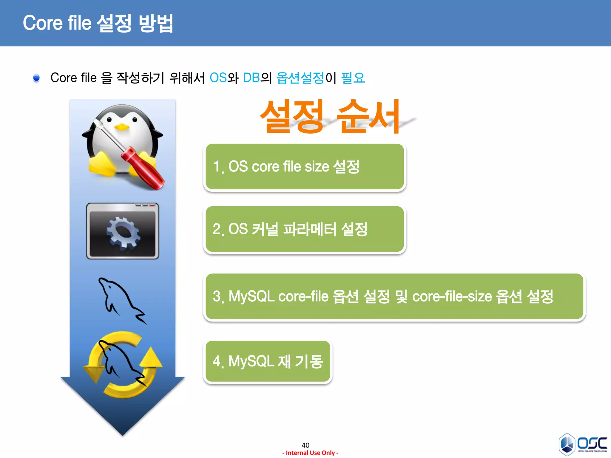 40 
- Internal Use Only - 
Core file 설정 방법 
설정 순서 Core file 을 작성하기 위해서 OS와 DB의 옵션설정이 필요 
1. OS core file size 설정 
2. OS 커널 파라메터 설정 
3. MySQL core-file 옵션 설정 및 core-file-size 옵션 설정 
4. MySQL 재 기동  