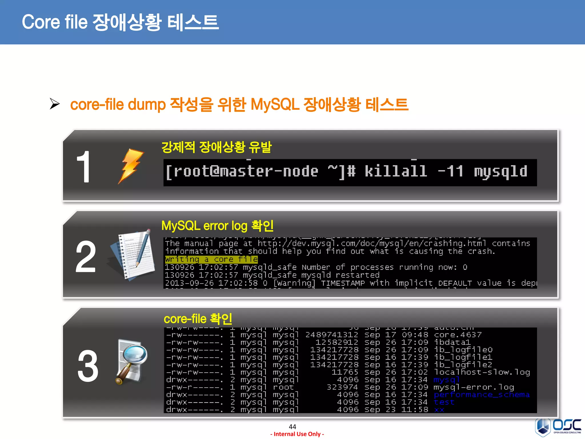 44 
- Internal Use Only - 
3 
2 
1 
Core file 장애상황 테스트 
core-file dump 작성을 위한 MySQL 장애상황 테스트 
강제적 장애상황 유발 
MySQL error log 확인 
core-file 확인  