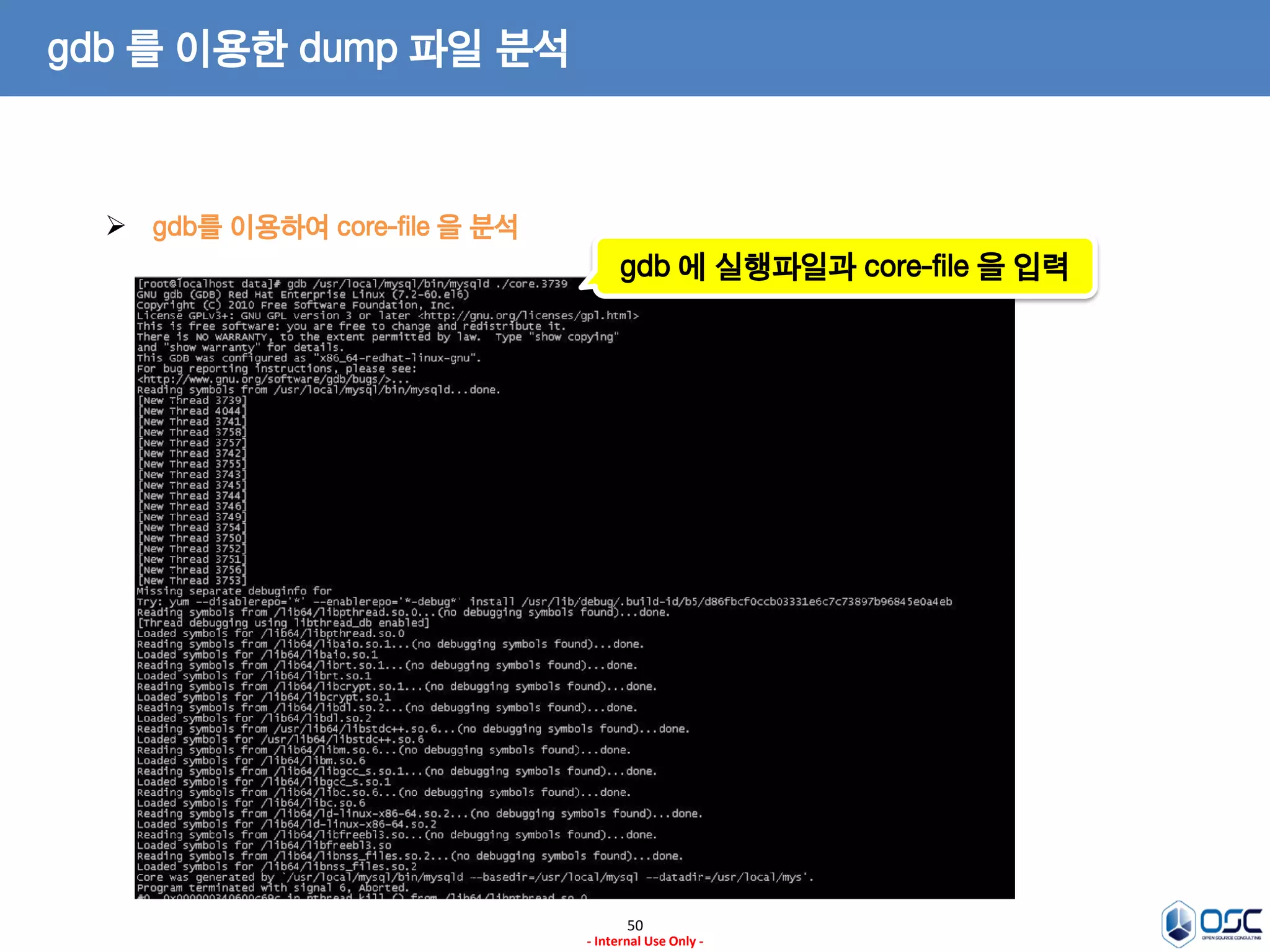 50 
- Internal Use Only - 
gdb 를 이용한 dump 파일 분석 
gdb를 이용하여 core-file 을 분석 
gdb 에 실행파일과 core-file 을 입력  