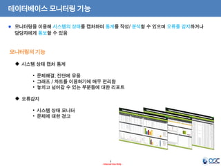 5 
- Internal Use Only - 
데이터베이스 모니터링 기능 
모니터링의 기능 모니터링을 이용해 시스템의 상태를 캡처하여 통계를 작성/ 분석할 수 있으며 오류를 감지하거나 담당자에게 통보할 수 있음 
시스템 상태 캡처 통계 
•문제해결, 진단에 유용 
•그래프 / 차트를 이용하기에 매우 편리함 
•놓치고 넘어갈 수 있는 부분들에 대한 리포트 
오류감지 
•시스템 상태 모니터 
•문제에 대한 경고  