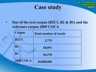 Case studySize of the text corpus (B2U1, B2 & B1)and the reference corpus 2009 COCA
