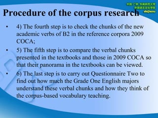 Procedure of the corpus research4) The fourth step is to check the chunks of the new academic verbs of B2 in the reference corpora 2009 COCA; 5) The fifth step is to compare the verbal chunks presented in the textbooks and those in 2009 COCA so that their panorama in the textbooks can be viewed. 6) The last step is to carry out Questionnaire Two to find out how much the Grade One English majors understand these verbal chunks and how they think of the corpus-based vocabulary teaching.