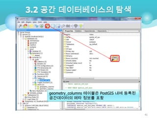 geometry_columns 테이블은 PostGIS 내에 등록된
공간데이터의 메타 정보를 포함

41

 