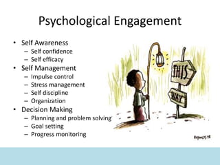 Psychological Engagement
• Self Awareness
– Self confidence
– Self efficacy
• Self Management
– Impulse control
– Stress management
– Self discipline
– Organization
• Decision Making
– Planning and problem solving
– Goal setting
– Progress monitoring
 