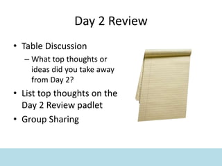 Day 2 Review
• Table Discussion
– What top thoughts or
ideas did you take away
from Day 2?
• List top thoughts on the
Day 2 Review padlet
• Group Sharing
 