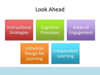 Look Ahead
Instructional
Strategies
Cognitive
Processes
Areas of
Engagement
Universal
Design for
Learning
Independent
Learning
 
